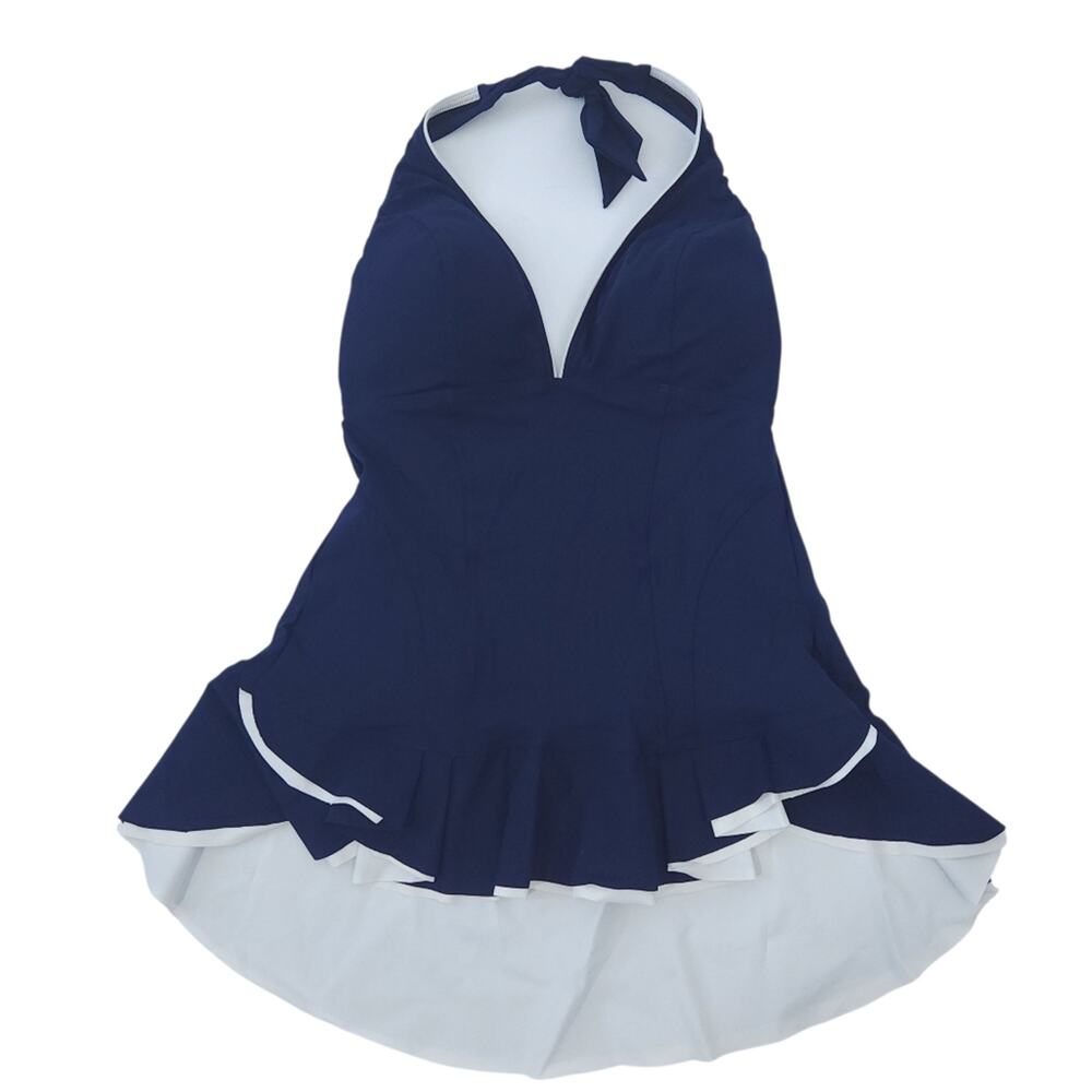 New GOTTEX Tankini Top Size 10 Navy Blue White, Flowy Bathing Suit Top Swim